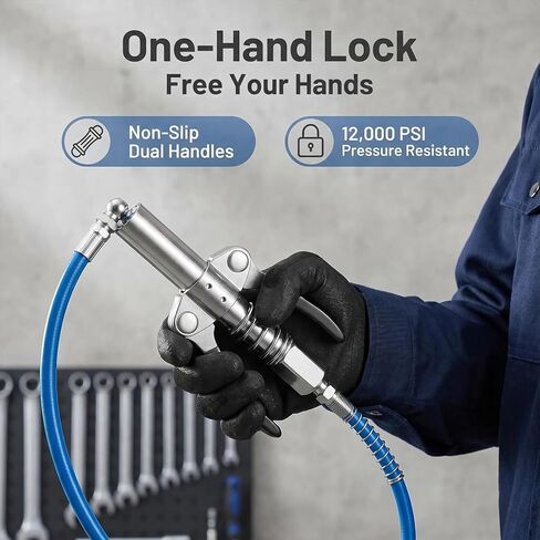 Grease Gun Coupler with 12" Flexible Hose, Heavy Duty Double Handle G Coupler, 10000 PSI Leak-Proof Grease Gun Attachment with 3 PCS M10 Grease Fittings for Automotive, Farm & Industrial Use in Saudi Arabia