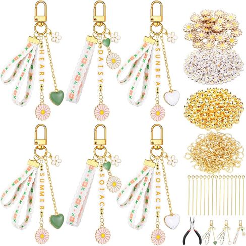 Whimsibelle 563 Pcs Flower Keychain Making Kit 12 Set Daisy Charm DIY Craft Key Chain Letter Name Bead, Floral Ribbon, Keychain Clip and Tool Accessories for Women Backpack Purse Tote Bag DIY Supplies in Saudi Arabia