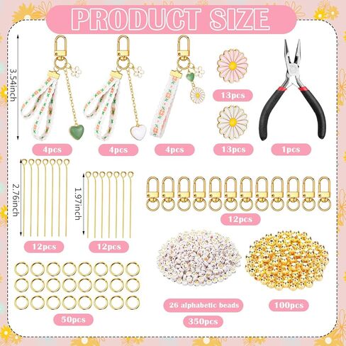 Whimsibelle 563 Pcs Flower Keychain Making Kit 12 Set Daisy Charm DIY Craft Key Chain Letter Name Bead, Floral Ribbon, Keychain Clip and Tool Accessories for Women Backpack Purse Tote Bag DIY Supplies in Saudi Arabia