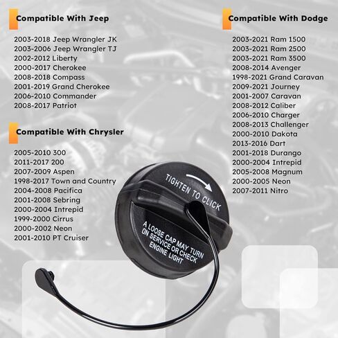 Gas Cap, Fuel Cap Compatible with 2000-2021 Jeep Wrangler JK/TJ, Grand Cherokee, Liberty, Dodge Ram 1500, Journey, Dart, Durango, Grand Caravan & Chrysler 300, 200 | 52100552AG, 52030387AB, 52030387AA in Kuwait