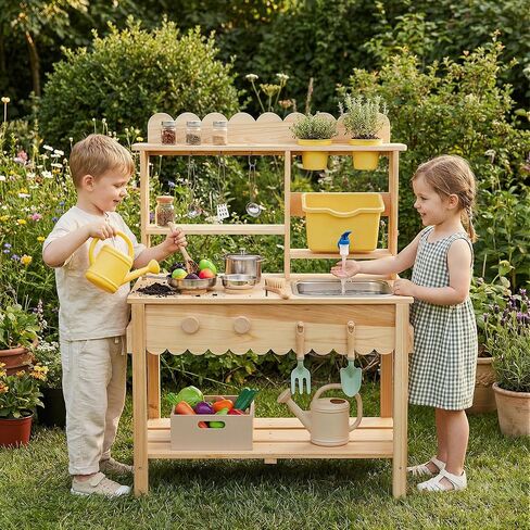 Wooden Mud Kitchen for Kids Outdoor - Play Kitchen with Real Running Water Sink & Removable Sink, 10-Piece Accessory Set with Stainless Steel Cookware & Planter Pots, Montessori Toy Gift for Ages 3+ in Saudi Arabia