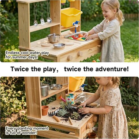 Wooden Mud Kitchen for Kids Outdoor - Play Kitchen with Real Running Water Sink & Removable Sink, 10-Piece Accessory Set with Stainless Steel Cookware & Planter Pots, Montessori Toy Gift for Ages 3+ in Saudi Arabia