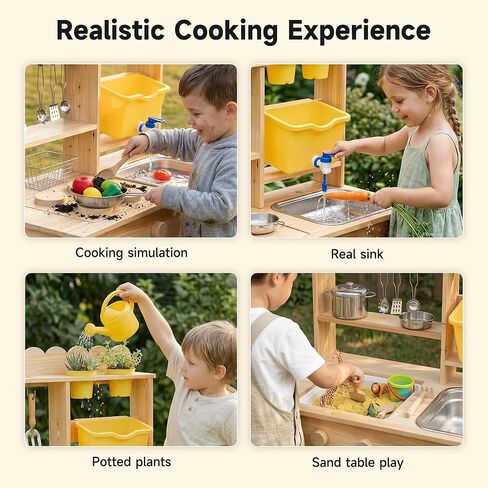 Wooden Mud Kitchen for Kids Outdoor - Play Kitchen with Real Running Water Sink & Removable Sink, 10-Piece Accessory Set with Stainless Steel Cookware & Planter Pots, Montessori Toy Gift for Ages 3+ in Saudi Arabia