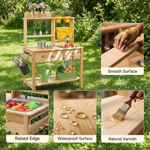 Wooden Mud Kitchen for Kids Outdoor - Play Kitchen with Real Running Water Sink & Removable Sink, 10-Piece Accessory Set with Stainless Steel Cookware & Planter Pots, Montessori Toy Gift for Ages 3+ in Saudi Arabia