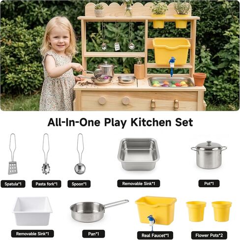 Wooden Mud Kitchen for Kids Outdoor - Play Kitchen with Real Running Water Sink & Removable Sink, 10-Piece Accessory Set with Stainless Steel Cookware & Planter Pots, Montessori Toy Gift for Ages 3+ in Saudi Arabia