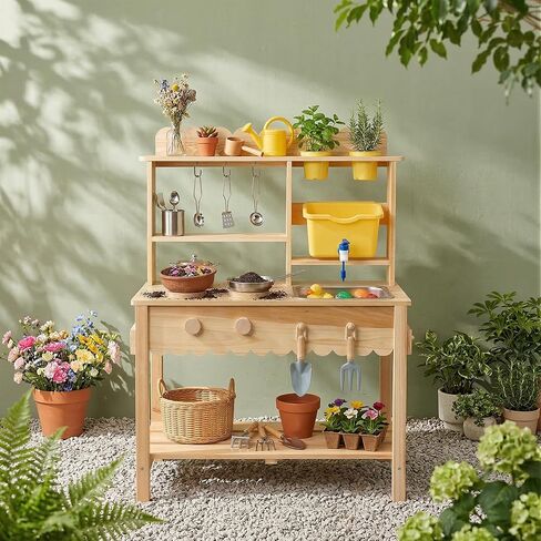 Wooden Mud Kitchen for Kids Outdoor - Play Kitchen with Real Running Water Sink & Removable Sink, 10-Piece Accessory Set with Stainless Steel Cookware & Planter Pots, Montessori Toy Gift for Ages 3+ in Saudi Arabia