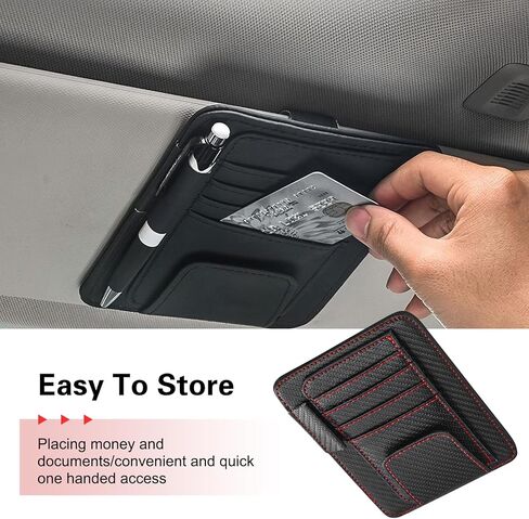 Car Sun Visor Organizer, Premium Leather Sun Visor Sunglass Holder with Card Holders & Pen Clip Slot, Universal Car Interior Organizer for Driving License, Card, Pen (Black & Red) in Saudi Arabia