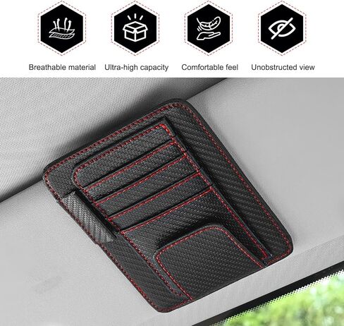 Car Sun Visor Organizer, Premium Leather Sun Visor Sunglass Holder with Card Holders & Pen Clip Slot, Universal Car Interior Organizer for Driving License, Card, Pen (Black & Red) in Saudi Arabia