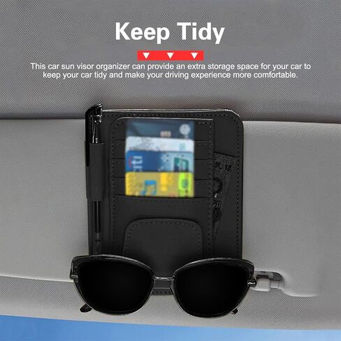 Car Sun Visor Organizer, Premium Leather Sun Visor Sunglass Holder with Card Holders & Pen Clip Slot, Universal Car Interior Organizer for Driving License, Card, Pen (Black & Red) in Saudi Arabia