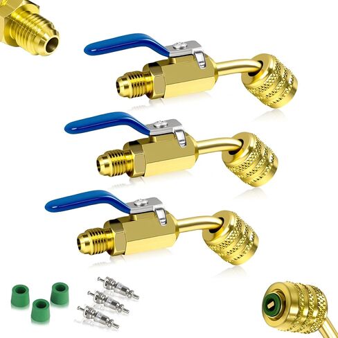 3-Piece A2L R32/R454B Ball Valve Adapter, 1/4" R32/R454B A2L Refrigerant LH Tanks to 1/4" RH Service Hose, Left-Hand Female to Right-Hand Male Flare Fittings, R32/R454B Refrigerant Adapter (45° × 3) in Saudi Arabia