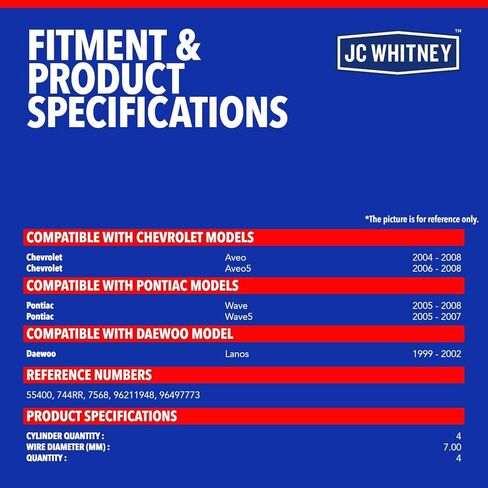 JC Whitney JFBAJCWSPW00194 مجموعة من 4 أسلاك توصيل الإشعال - متوافقة مع شيفروليه أفيو 2004-2008، Aveo5 2006-2008، دايو لانوس 1999-2002، بونتياك ويف 2005-2008، Wave5 2005-2007 - 1.6 لتر Cyl.4 in Kuwait