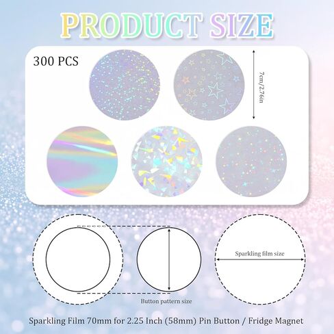 300 Pcs Badge Protective Film 5 Styles of Holographic Glitter Button Maker Supplies Glittering Film Plastic Round Pin Machine Supplies for Button Maker Machine Arts Crafts DIY Making Parts in Saudi Arabia