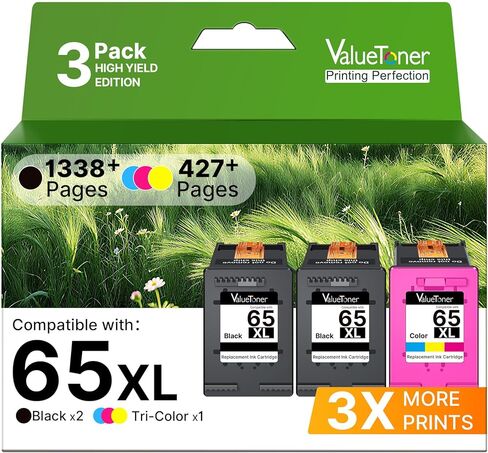 Valuetoner لخراطيش حبر OfficeJet 65XL 65 حزمة كومبو سوداء/ملونة (3 عبوات) لحبر HP 65 HP65 HP65XL لخراطيش حبر HP Deskjet 3755 Envy 5055 5052 5058 DeskJet 2655 3720 3722 in Kuwait