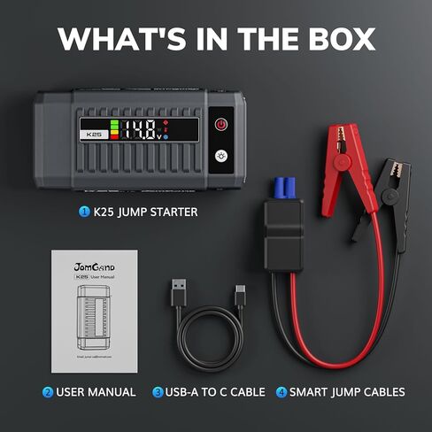 حزمة معززة لبطارية السيارة K25 Jump Starter 3750A لما يصل إلى 9.0 لتر من الغاز أو 7.0 لتر من محركات الديزل، صندوق القفز المحمول 12 فولت مع كابل توصيل آمن للغاية، شحن USB/DC ومصباح يدوي 3 أوضاع in Kuwait