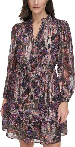 Vince Camuto Women's Printed Chiffon Metallic Fit & Flare Dress with Ruffle Details in Saudi Arabia