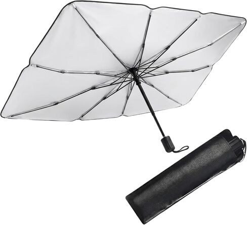 1 PC Foldable Car Windshield Sun Shade, Umbrella-style Retractable Sunshade with Silver Coated Fabric, Universal for Most Cars, Trucks, SUVs (Silver) in Kuwait