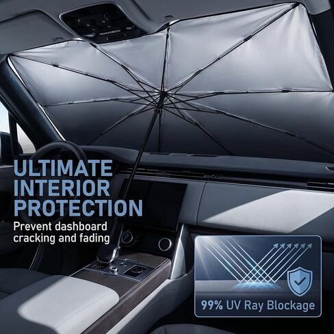 1 PC Foldable Car Windshield Sun Shade, Umbrella-style Retractable Sunshade with Silver Coated Fabric, Universal for Most Cars, Trucks, SUVs (Silver) in Kuwait