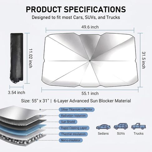 1 PC Foldable Car Windshield Sun Shade, Umbrella-style Retractable Sunshade with Silver Coated Fabric, Universal for Most Cars, Trucks, SUVs (Silver) in Kuwait