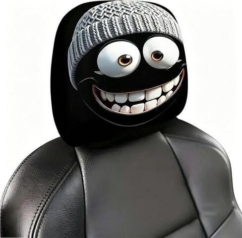 2PCS Funny Cartoon Car Headrest Covers- Grey Hat Smiling Face 2D Printed Auto Seat Protector, Elastic Interior Decoration Accessories for Men Women, Easy Install Year-Round Vehicle Gift in Saudi Arabia