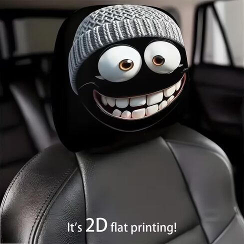 2PCS Funny Cartoon Car Headrest Covers- Grey Hat Smiling Face 2D Printed Auto Seat Protector, Elastic Interior Decoration Accessories for Men Women, Easy Install Year-Round Vehicle Gift in Saudi Arabia