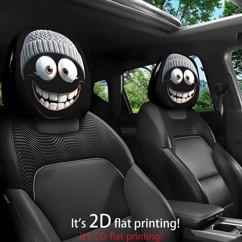 2PCS Funny Cartoon Car Headrest Covers- Grey Hat Smiling Face 2D Printed Auto Seat Protector, Elastic Interior Decoration Accessories for Men Women, Easy Install Year-Round Vehicle Gift in Saudi Arabia
