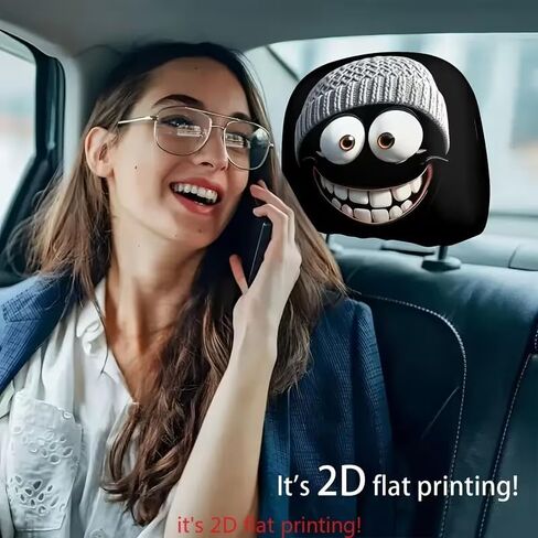 2PCS Funny Cartoon Car Headrest Covers- Grey Hat Smiling Face 2D Printed Auto Seat Protector, Elastic Interior Decoration Accessories for Men Women, Easy Install Year-Round Vehicle Gift in Saudi Arabia