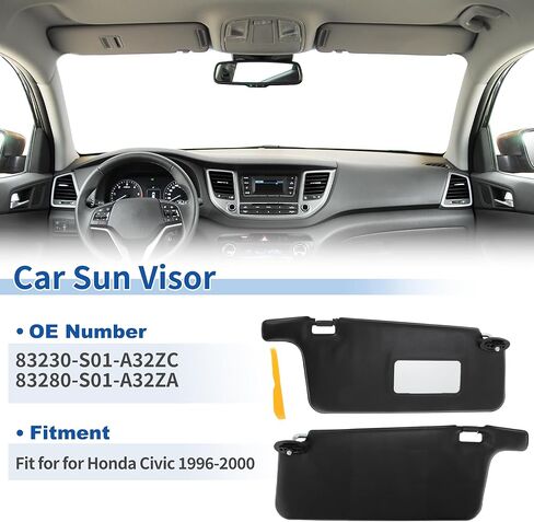 مجموعة حاجب الشمس الداخلي مناسبة لسيارة Honda Civic 1996-2000 1.6L L4، واقيات الشمس اليسرى واليمنى قطعة بديلة سوداء رقم 83230-S01-A32ZC/83280-S01-A32ZA in Kuwait