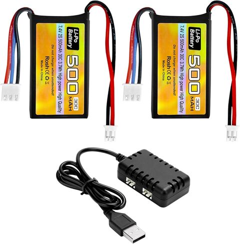 Sea Jump 2PCS 7.4V 500mAh 30C Lipo RC بطارية السيارة مع قابس PH2.0 وشاحن 2 في 1 لبطارية طراز السيارة AX24 SCX24 RC المتوافقة مع معظم المركبات والشاحنات 1/10، 1/16، 1/18، 1/24 RC in Kuwait