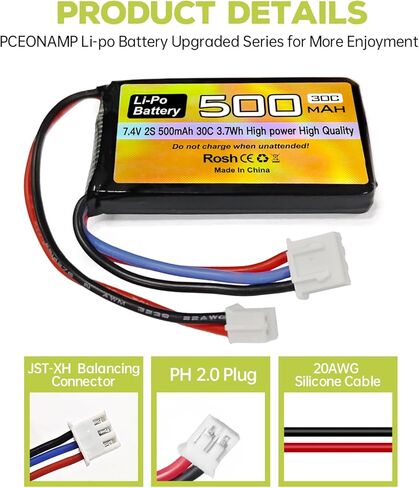 Sea Jump 2PCS 7.4V 500mAh 30C Lipo RC بطارية السيارة مع قابس PH2.0 وشاحن 2 في 1 لبطارية طراز السيارة AX24 SCX24 RC المتوافقة مع معظم المركبات والشاحنات 1/10، 1/16، 1/18، 1/24 RC in Kuwait