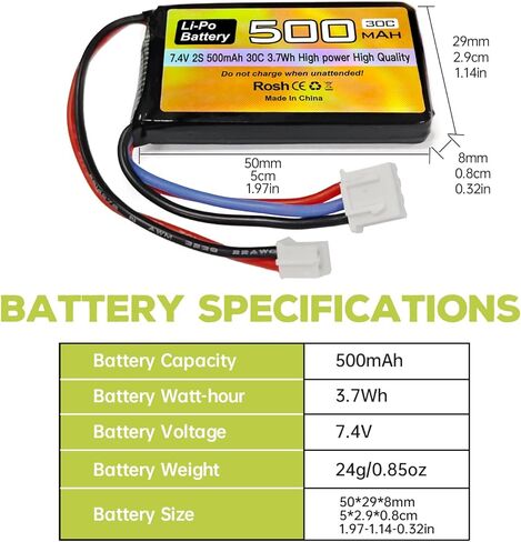Sea Jump 2PCS 7.4V 500mAh 30C Lipo RC بطارية السيارة مع قابس PH2.0 وشاحن 2 في 1 لبطارية طراز السيارة AX24 SCX24 RC المتوافقة مع معظم المركبات والشاحنات 1/10، 1/16، 1/18، 1/24 RC in Kuwait