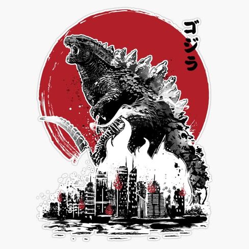 Monster Attack Godzilla Kaiju Japanese City Destruction Red Sun Black Ink Art Design 5" Vinyl Decal Bumper Sticker in Saudi Arabia
