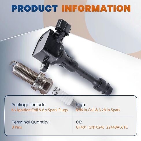 KUIPERAUTO Set of 6 Ignition Coils and Spark Plugs set Compatible for Nissan Altima Maxima Pathfinder Frontier Xterra 2.8L 2.9L 3.5L 3.7L 4.2L UF401 GN10246 in Kuwait