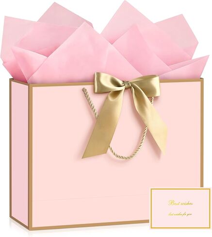 JMANNI Gift Bags with Handles, 14.6" Large Gift Bag for Presents, 1 Pcs Bags with 2 Tissue Paper and 1 Cards for Graduation Wedding Baby Bridal Shower Fathers Day Mother's Day Birthday（pink） in Saudi Arabia