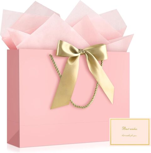 JMANNI Gift Bags with Handles, 14.6" Large Gift Bag for Presents, 1 Pcs Bags with 2 Tissue Paper and 1 Cards for Graduation Wedding Baby Bridal Shower Fathers Day Mother's Day Birthday（pink） in Saudi Arabia