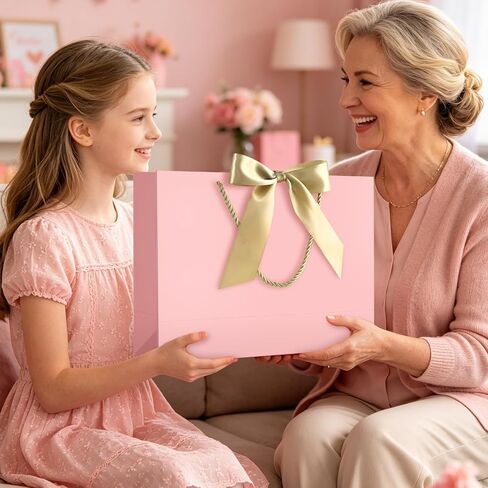 JMANNI Gift Bags with Handles, 14.6" Large Gift Bag for Presents, 1 Pcs Bags with 2 Tissue Paper and 1 Cards for Graduation Wedding Baby Bridal Shower Fathers Day Mother's Day Birthday（pink） in Saudi Arabia