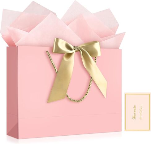 JMANNI Gift Bags with Handles, 14.6" Large Gift Bag for Presents, 1 Pcs Bags with 2 Tissue Paper and 1 Cards for Graduation Wedding Baby Bridal Shower Fathers Day Mother's Day Birthday（pink） in Saudi Arabia