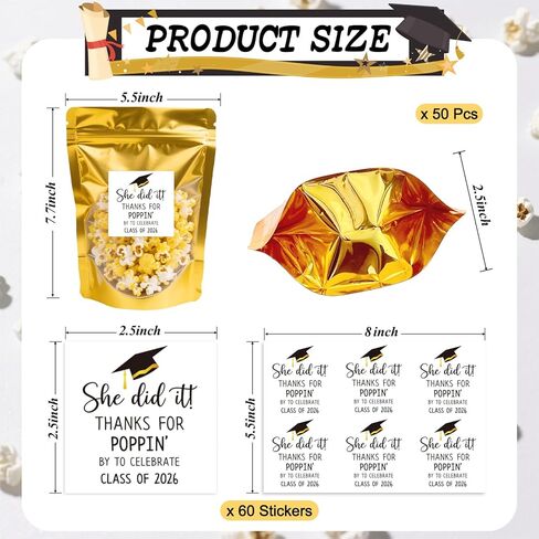 50 Pack Graduation Popcorn Bags with Thanks for Popping By To Celebrate Stickers Stand up Zip Pouches Treat Bags Class of 2026 Popcorn Treat Bag for Graduation Party Favors(She did it) in Kuwait