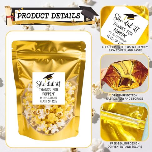 50 Pack Graduation Popcorn Bags with Thanks for Popping By To Celebrate Stickers Stand up Zip Pouches Treat Bags Class of 2026 Popcorn Treat Bag for Graduation Party Favors(She did it) in Kuwait