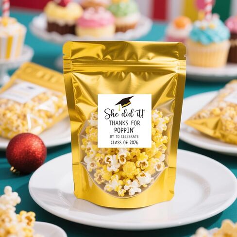 50 Pack Graduation Popcorn Bags with Thanks for Popping By To Celebrate Stickers Stand up Zip Pouches Treat Bags Class of 2026 Popcorn Treat Bag for Graduation Party Favors(She did it) in Kuwait