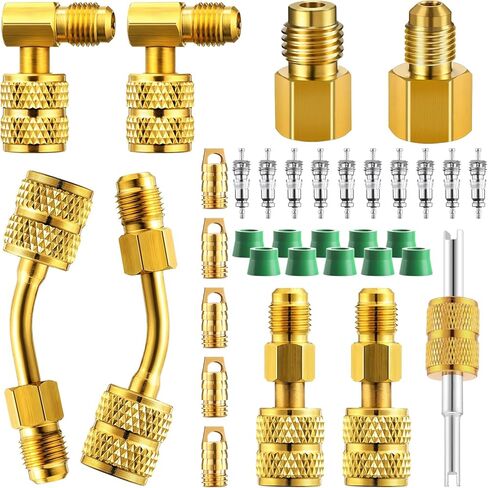 34 Pcs R410a Adapter Kit Mini Split Adapter 45° 90° Refrigerant Hose Connector,5/16'' Female 1/4'' Male, 1/2'' to 1/4'' Tank Connector with Valve Core Remover Thimble for Split System (Red) in Kuwait