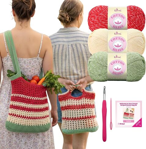 KnitPal Sunset Striped Market Bag Crochet Kit for Confident Beginners – Make a Reusable Market Bag & Lunch Tote – with Cotton Bliss Yarn (#4 Worsted), Hook, Patterns & Video Tutorials in Saudi Arabia