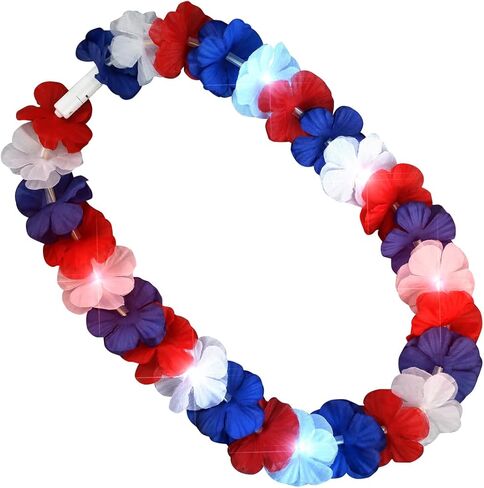 FlashingBlinkyLights Red White & Blue Light Up Hawaiian Lei (Set of 12) in Kuwait