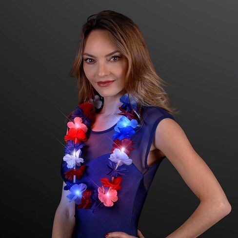 FlashingBlinkyLights Red White & Blue Light Up Hawaiian Lei (Set of 12) in Kuwait