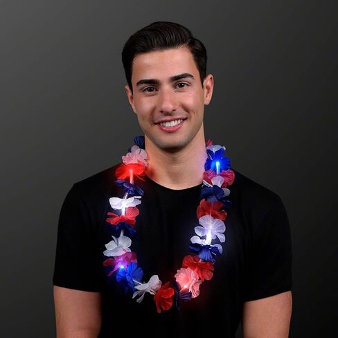 FlashingBlinkyLights Red White & Blue Light Up Hawaiian Lei (Set of 12) in Kuwait
