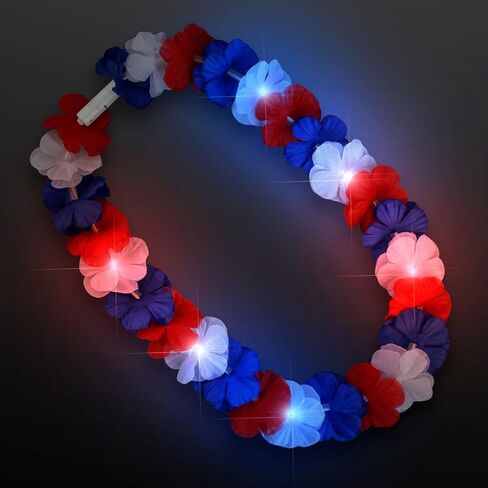 FlashingBlinkyLights Red White & Blue Light Up Hawaiian Lei (Set of 12) in Kuwait