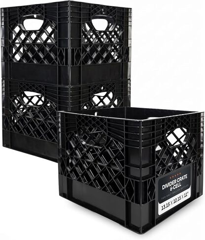 Plastic Milk Crate (6-Cell), 13"L x 12"W x 11"H - USA-Made Storage Crate for Half-gallon Bottles or for Garage, Camping Supplies & Gardening Tools - Black Plastic Bin for Organizing by IDL Packaging in Kuwait