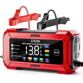 12V Smart Car Battery Charger with LCD Display, Automatic Trickle Charger, Jump Starter Red, Multiple Protection, Pulse Repair Technology, Compatible with 1100/ABS/APRC/RSV4 Models in Saudi Arabia