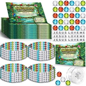 Unittype 24 Pack VBS 2026 Bracelet Craft Kit Rainforest Jesus Loves Me Bead Bracelet Making Kit with Genesis 1: 1 Bible Lesson Cards Christian Church Craft VBS Activity in Kuwait