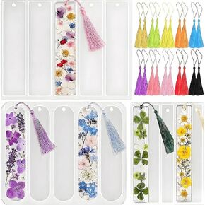 Resin Bookmark Molds Silicone Set, 12 Cavity Bookmark Silicone Molds with Hole & 20 Pcs Colorful Tassels for Epoxy Resin Casting, DIY Jewelry Making, Personalized Handmade Gifts & Art Deco in Saudi Arabia
