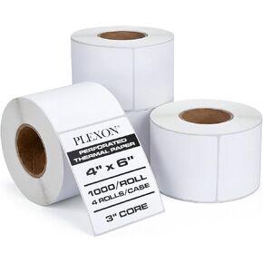 Plexon 4" x 6" Perforated Direct Thermal Labels, 3" Core, 4000 Labels - Case of 4 Rolls, 1000 Labels/Roll, Compatible with Zebra ZT230, ZT410, ZT610, ZM400, S4M, Datamax, 70GSM in Saudi Arabia